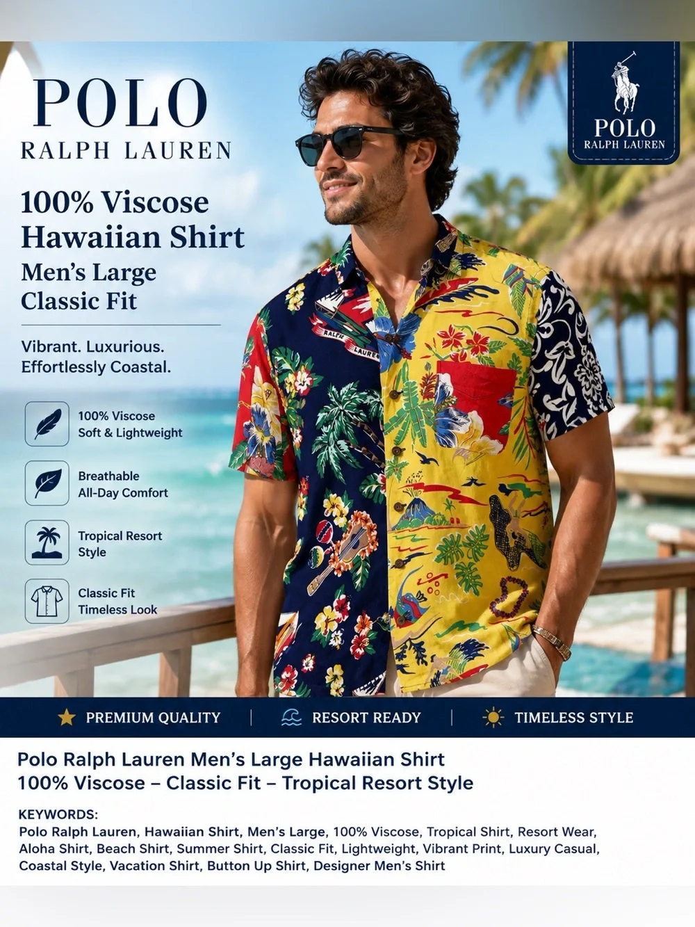 Polo Ralph Lauren Mens L Hawaiian Shirt 100% Viscose Tropical Floral Classic Fit